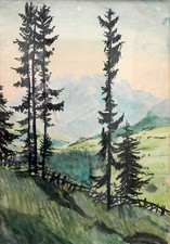 Aquarell: Tannen vor Alpen