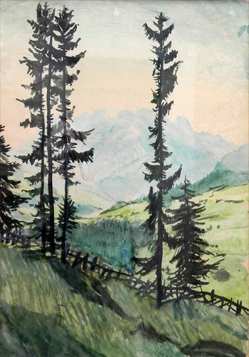 Aquarell tannen vor alpen - aquarell:,